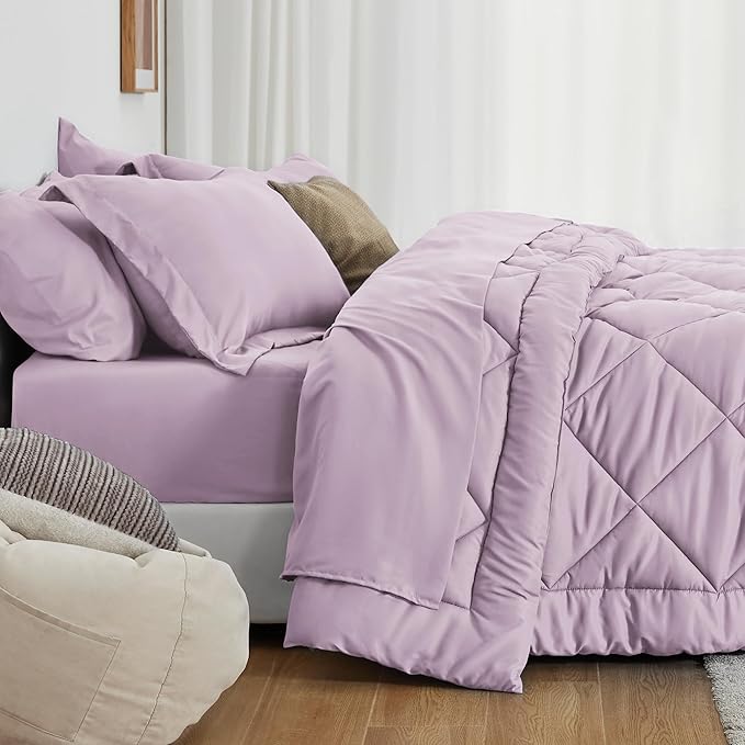 Love's cabin Twin Comforter Set Light Purple, 5 Pieces Twin Bed in a Bag, All Season Bedding Sets with 1 Comforter, 1 Flat Sheet, 1 Fitted Sheet, 1 Pillowcase and 1 Pillow Sham | Soft, Breathable, Lightweight, Comfortable