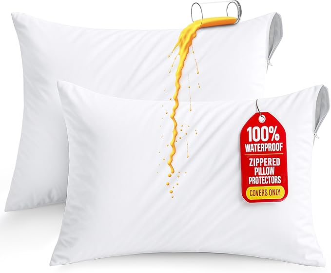 Set of 2 Pillow Protectors with Zipper King Size, Bed Bug and Dust Mite Proof Pillow Covers, Ultra Soft Pillow Encasements, Moisture Wicking and Waterproof Pillow Cases by Utopia Bedding (White)