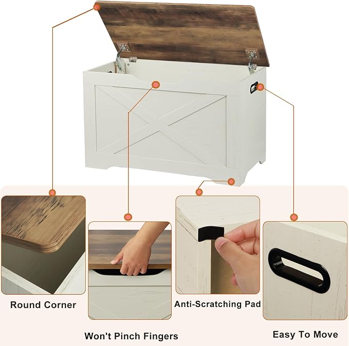 Timberer Storage Chest, Wooden Storage Bench, Entryway Shoes Bench with 2 Safety Hinges, for Living Room, Bedroom, 15.7 x 31.5 x 18.9 Inches, Brown and Rustic White