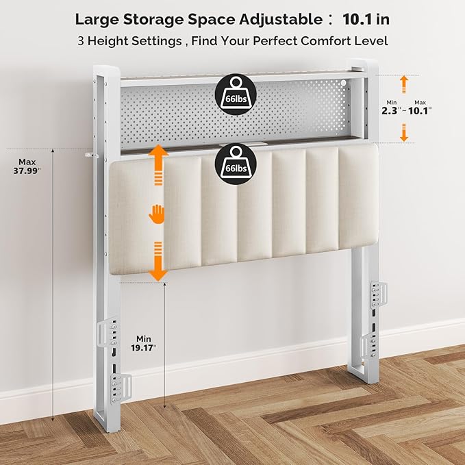 VINGLI Twin Size Headboard for Bed, Upholstered Headboards with Storage, Charging Stations and LED Lights, 2 Tier Shelves and Pegboard, Modern Twin XL Bed Head Board, Adjustable Height, White