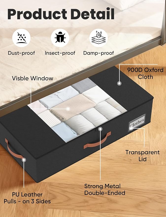 TOSKING 2-Pack Under Bed Storage Drawers with Wheels, 6 Vacuum Bags, 7.9" Height, Large 65L/80 lbs Clear Lid Rolling Bin, 900D Oxford, Space Saver for Dorm Bedroom, Blankets, Clothes, Shoes, Black