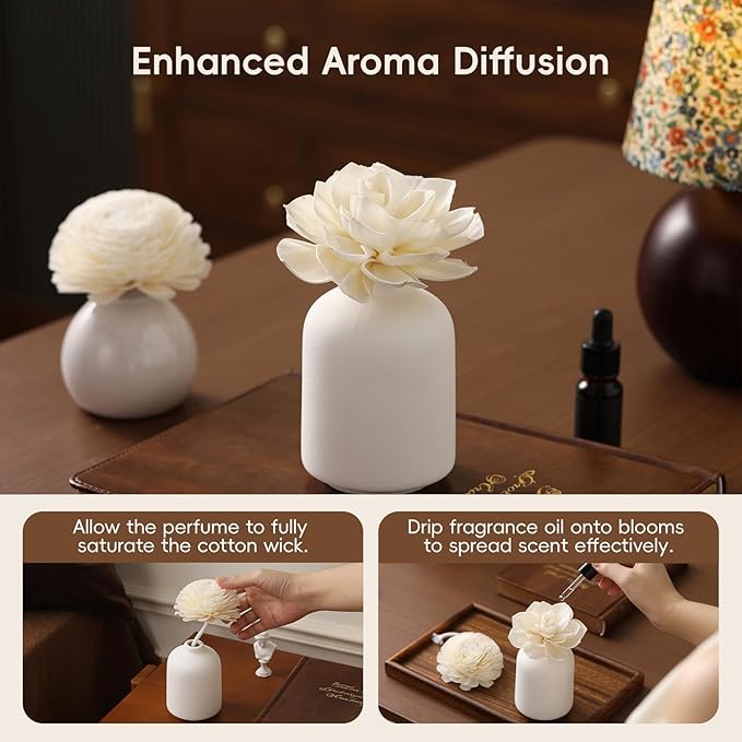 Flower Reed Diffuser Sola Wood Flowers Natural Material Aromatherapy Reed Decorative Aromatherapy Flower Refill Diffuser Reeds, 7Pcs Flower, 7Pcs Rope, 8 Pcs Diffuser Rattan (2-3.5 Inches, White)