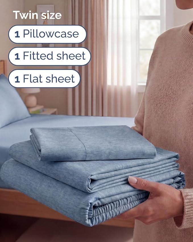 Twin Size 3 Piece Sheet Set - Comfy Breathable & Cooling Sheets - Hotel Luxury Bed Sheets for Women & Men - Deep Pockets, Easy-Fit, Soft & Wrinkle Free Sheets - Heathered Blue Oeko-Tex Bed Sheet Set