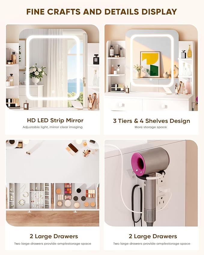 LIVELYGLOW Small Makeup Vanity Desk with Smart LED Mirror & Power Outlet, 29.5" White Vanity Table with Hairdryer Rack, 5 Storage Shelves & 2 Drawers, Compact Dressing Table for Small Spaces