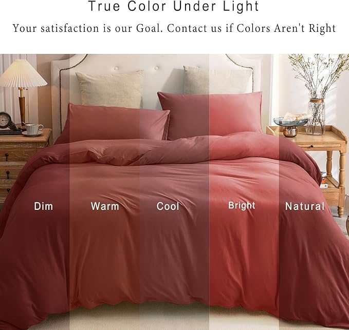 PURE ERA Jersey Knit Duvet Cover Set 100% T-Shirt Cotton Super Soft Comfy 3pc Bedding Set with Zipper Closure (Solid Brick Red, Queen, 90"X90")