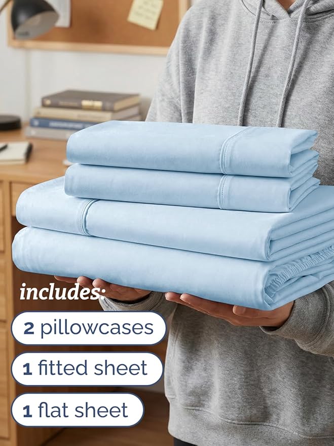 Twin XL 4 Piece Sheet Set - Comfy Breathable & Cooling - Hotel Luxury Bedding for Women, Men, Kids, Teens & Children - 1 Flat & 1 Fitted Sheet & 2 Pillowcases w/ Deep Pockets, Wrinkle Free - Baby Blue