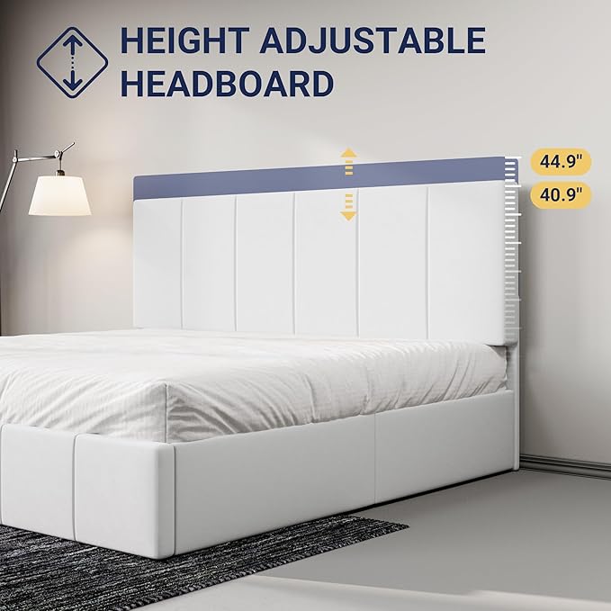Allewie King Size Dutch Velvet Upholstered Platform Bed Frame/Vertical Channel Tufted Adjustable Headboard/Low Profile Bed Frame/No Box Spring Needed/Easy Assembly/White