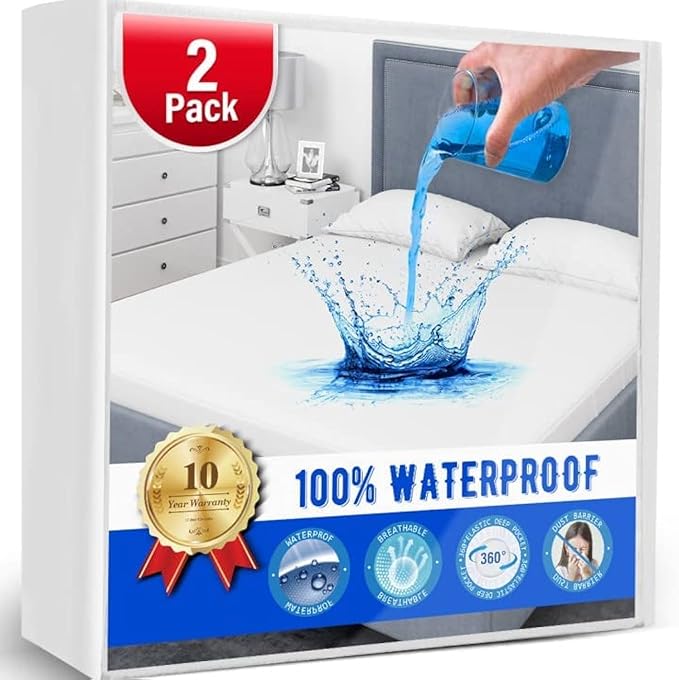2 Pack Queen Mattress Protector,Mattress Cover Queen Size Bed,Waterproof Mattress Protector Queen Size Noiseless Mattress Cover Soft Breathable Terry for Pets Kids Adults 60" x 80"