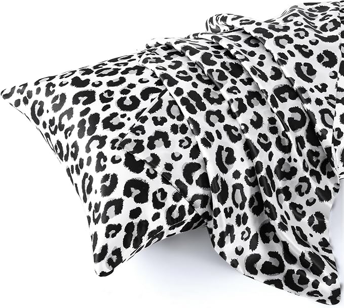 MR&HM Satin Body Pillow Cover, Soft and Breathable Body Pillow Case with Envelope Closure, Cooling and Silky Long Pillowcase for Hair and Skin,Grey (20x54, White Leopard)