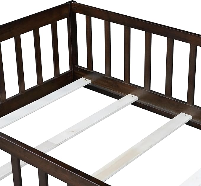 Bellemave Montessori Twin Floor Bed Frame with Fence and Removable Door, Low Profile Twin Size Montessori Bed Frame for Kids, Solid Wooden Floor Beds with Slats for Bedroom,Nursery, Espresso