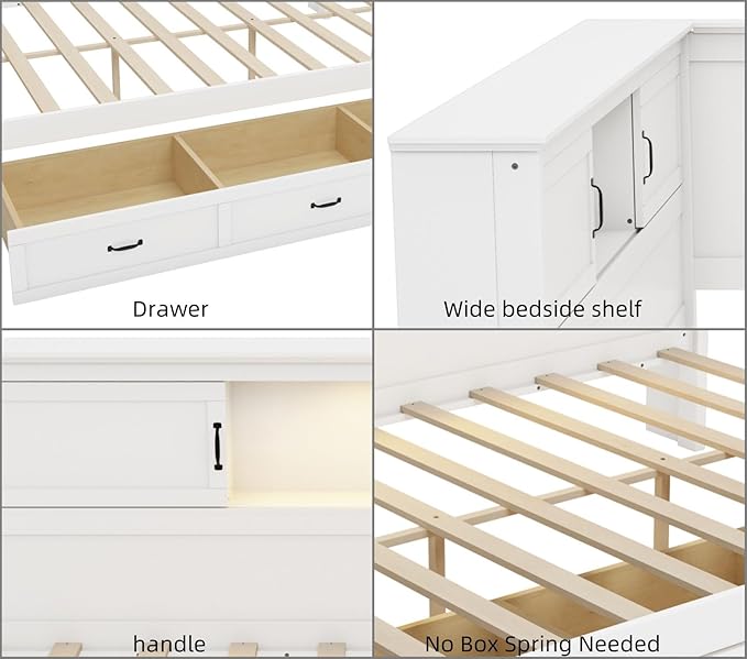 Merax Full Size Corner Bed Frames with Storage Drawers, USB Port, Led Downlight Headboard & Bookcase, Wooden Captain Daybed for Small Room, Bedroom, Kids'Room, Box Spring Not Required Bed Frames