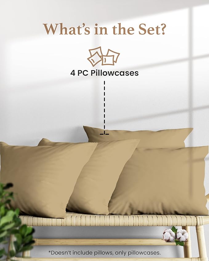 1000 TC Taupe Standard Pillowcases Set of 4 100% Egyptian Cotton Pillow Cases with Long Staple Cotton & Sateen Weave, Silky Soft Hotel - Like Bed Pillow Covers for Comfy Sleeping, Snug Fit