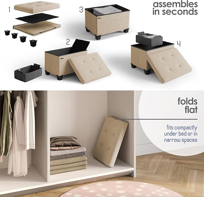 Storage Ottoman Cube with Small Bin, 16-in Square Ottoman with Storage for Living Room and Bedroom, Small Ottomans Foot Rest, Velvet Foot Stools Ottomans Max 330lbs, Beige