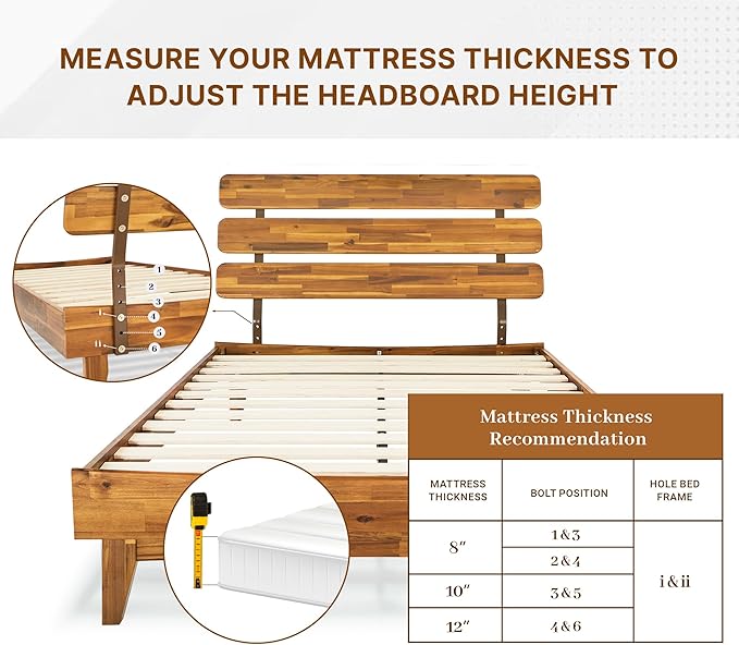 Bme Caden 15 Inch Deluxe Bed Frame with Adjustable Headboard - Mid Century, Retro Style with Acacia Wood - No Box Spring Needed - 12 Strong Wood Slat Support - Easy Assembly - Caramel, Full