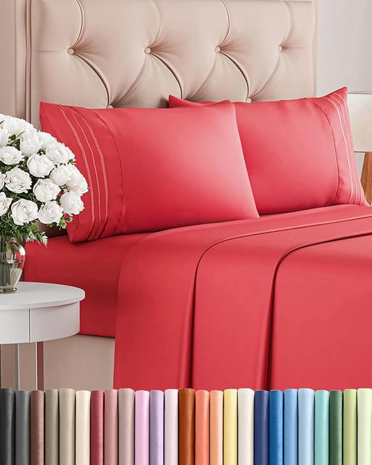 Queen Size 4 Piece Sheet Set - Comfy Breathable & Cooling Sheets - Hotel Luxury Bed Sheets for Women and Men - Deep Pockets, Easy-Fit, Extra Soft and Wrinkle Free Sheets - Red Oeko-Tex Bed Sheet Set