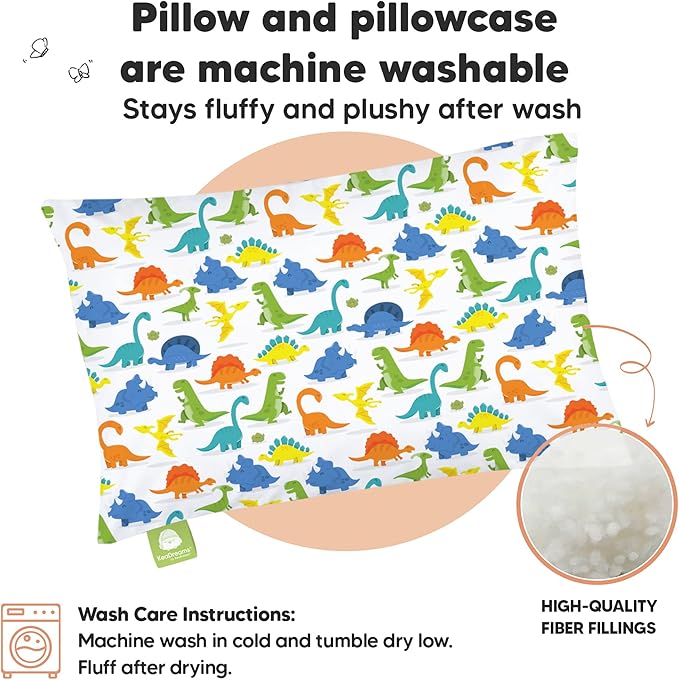 Toddler Pillow with Pillowcase - 13x18 My Little Dreamy Kids Travel Bed Pillows for Sleeping, Organic Cotton Small Pillowcase, Soft & Breathable, Machine Washable, Toddlers 2-5 Years Old (Happy Dino)
