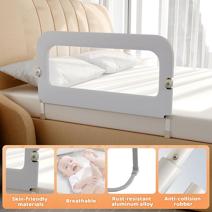 omzer Bed Guard Rail for Toddlers - 32inch Folding up & Adjustable Heights Baby Bed Safety Rails - Portable Toddler Bed Barrier Railing Guard for Kids Twin, Bunk, Queen, Full Size Bed
