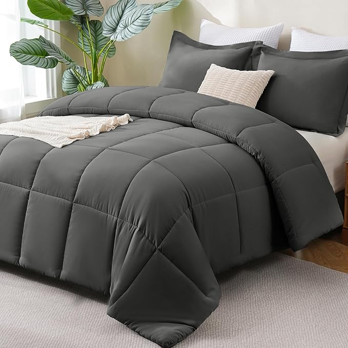 CozyLux Queen Comforter Set - 270GSM Dark Grey Bedding Sets for All Seasons, 3 Pieces Box Stitched Bed Set with 1 Down Alternative Comforter and 2 Pillow Shams, Soft, Lightweight, Breathable
