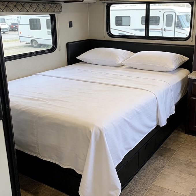 Kingnex Striped RV Short Queen Sheets Set for 60 x 75 Camper Bed with up to 15 Deep Soft Brushed 1800 Microfiber 4 Piece Bedding Set 60x75 White