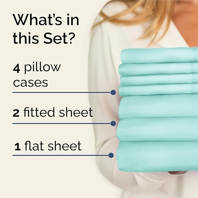 Split King 7 Piece Sheet Set - Comfy, Breathable & Cooling - Soft Hotel Luxury Bedding for Women, Men, Kids, Teens and Children - 1 Flat & 2 Fitted Sheets & 4 Pillowcases with Deep Pockets - Spa Blue