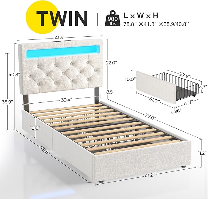 Rolanstar Twin Bed Frame with 4 Drawers and Charging Station,Twin Bed with Led Lights, Adjustable Upholstered Headboard 38.9/40.8 Inches, Sturdy, No Box Spring Needed, Natural White