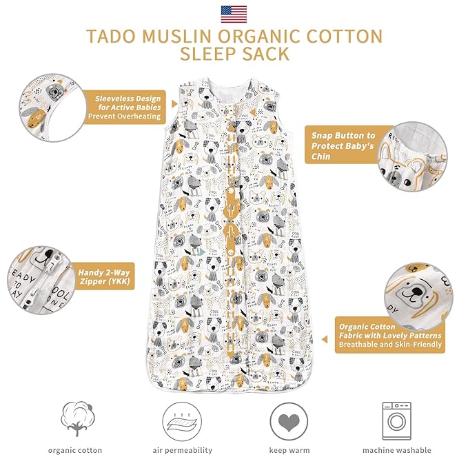 TADO MUSLIN Toddler Sleep Sack 2-4T, 0.5 TOG Lightweight Wearable Blanket, 100% Organic Cotton Muslin, Sleeveless, 2-Way YKK Zipper, OEKO-TEX Certified, Pup