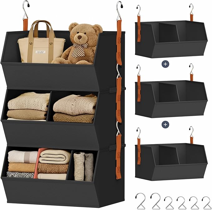 DIMJ Hanging Closet Organizer Extra Large, Clothes Hanging Shelves for Closet with Divider, Collapsible Closet Storage System, Fabric Storage Bins for Home, Black, 15.75 × 12.20 × 9.44, 3 Pack