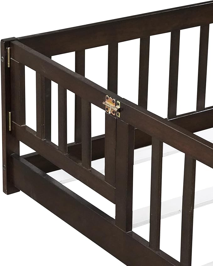 Bellemave Queen Floor Bed Frame with Rails and Door, Solid Wood Montessori Queen Size Floor Bed, Low Profile Montessori Beds with Removable Slats, Espresso