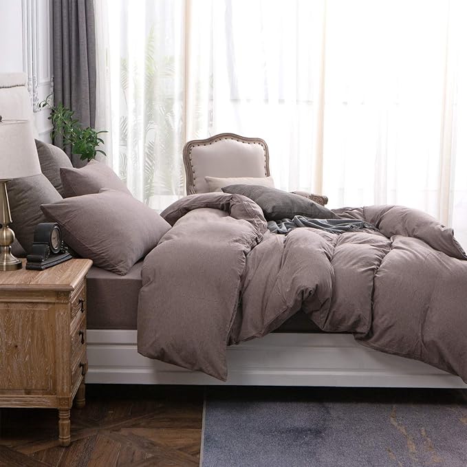 PURE ERA Jersey Knit Duvet Cover Set 100% T-Shirt Cotton Super Soft Comfy 3pc Bedding Set with Zipper Closure (Heather Brown, Queen)