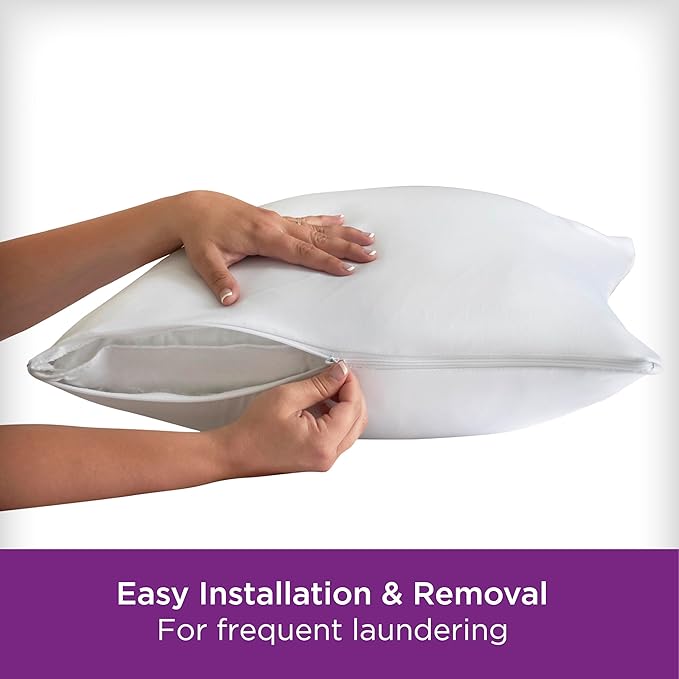AllerEase Ultimate Cotton Pillow Protector Advanced Allergy Protection Temperature Balancing Comfort Zippered Pillow Cover, S/Q, White- 4 Pack