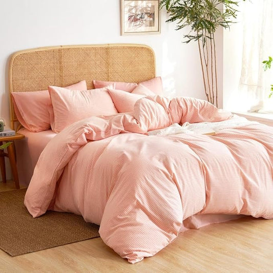 Wake In Cloud - Striped Cotton Duvet Cover Set, 100% Washed Cotton Textured Percale Bedding Set, Ticking Stripe Pinstripe Farmhouse, 3 Pieces, Light Pink, Queen Size