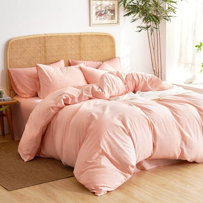 Wake In Cloud - Striped Cotton Duvet Cover Set, 100% Washed Cotton Textured Percale Bedding Set, Ticking Stripe Pinstripe Farmhouse, 3 Pieces, Light Pink, Full Size