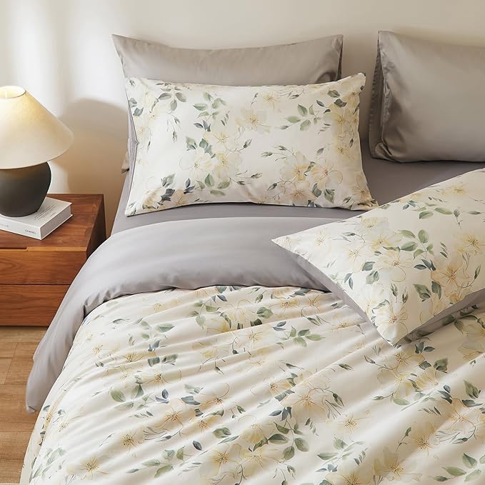 VM VOUGEMARKET Magnolia Flower Duvet Cover Set Queen,Long Staple Cotton Bedding Set,Shabby Chic Silky Smooth Sateen Duvet Cover with 2 Pillocases for Spring & Summer