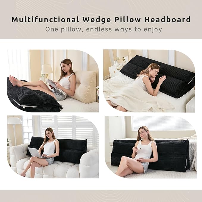 Zelladorra Wedge Pillow Headboard, Headboard Pillow Queen for Reading or Sitting, Bolster Pillow with Large Memory Foam, Removable Cover, Black