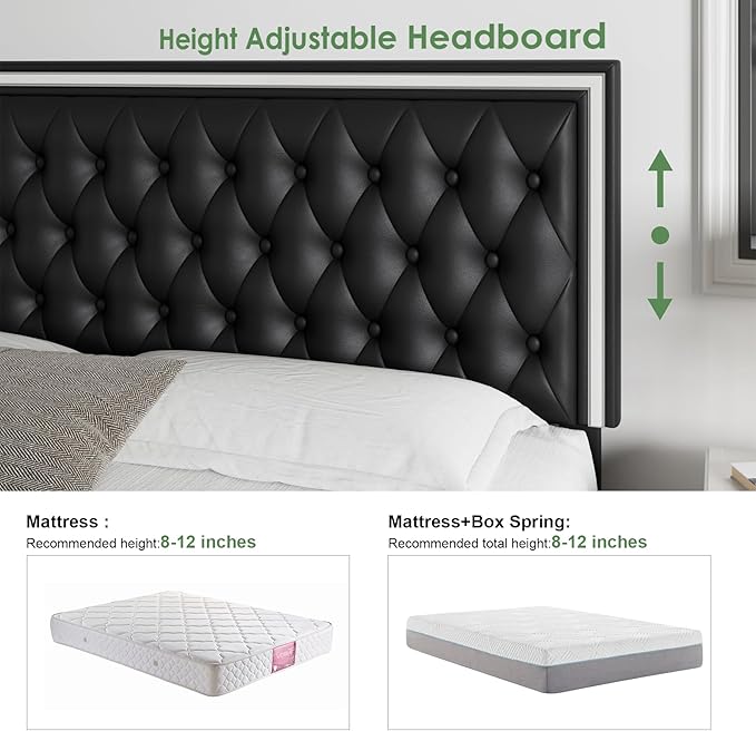 Keyluv Queen Upholstered LED Bed Frame with 4 Drawers, PU Leather Platform Storage Bed with Adjustable Button Tufted Headboard and Solid Wooden Slats Support, No Box Spring Needed, Black
