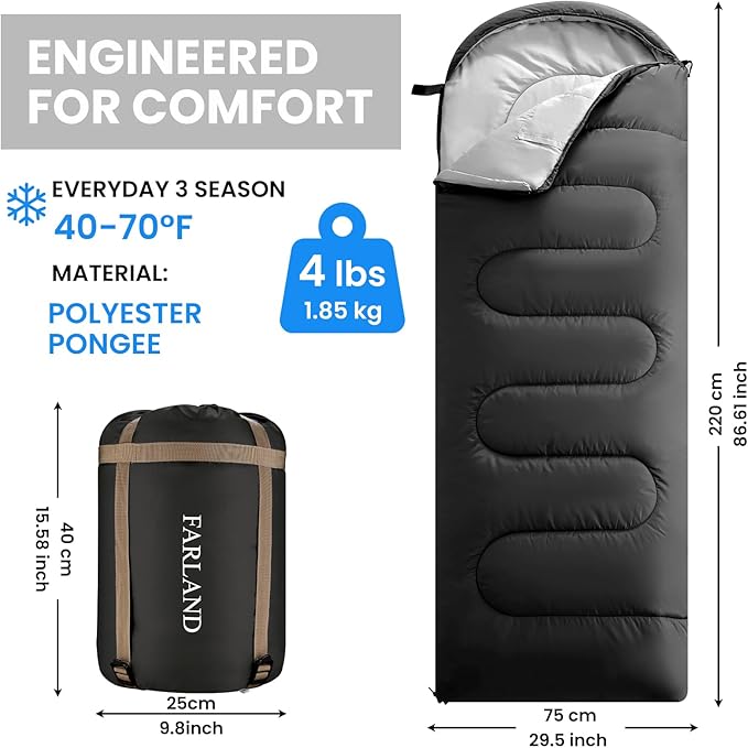 FARLAND Sleeping Bags for Adults, 3 Season Warm & Cool Weather, Lightweight Camping Sleeping Bag for Kids Family Camping Essentials with Compression Sack for Hiking