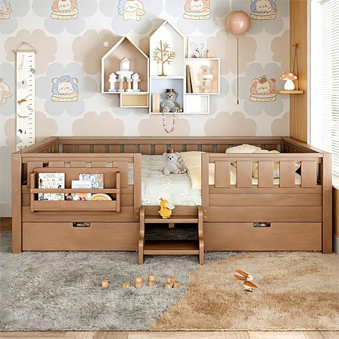 Bellemave Queen Bed with Storage Drawers & Bookshelf, Low Profile Kids Bed Frame with Staircase & Full Length Guardrails, Solid Wood Queen Bed for Kids with Slats Load 550LBS, Easy Assembly, Oak Brown