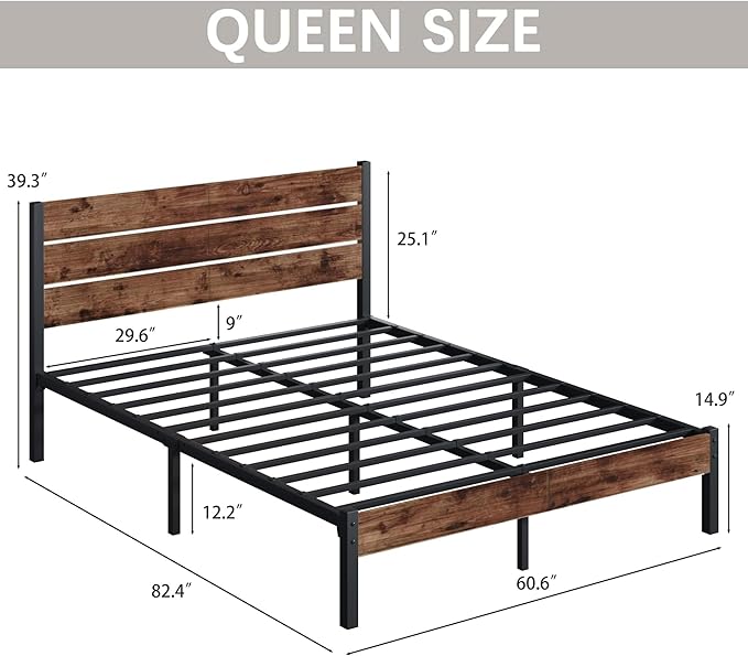 Fluest Queen Bed with Headboard and Footboard, with Under Bed Storage, All-Metal Support System, No Box Spring Needed, Easy Assembly,Retro Brown