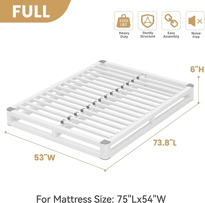 6 Inch Full Size Bed Frame with Rounded Corner and Squeak Free U-Slot Design, Metal Platform Bed Frames 6 Non-Slip Guards, 3500lbs Heavy Duty Steel Slat Support, No Box Spring Needed, White