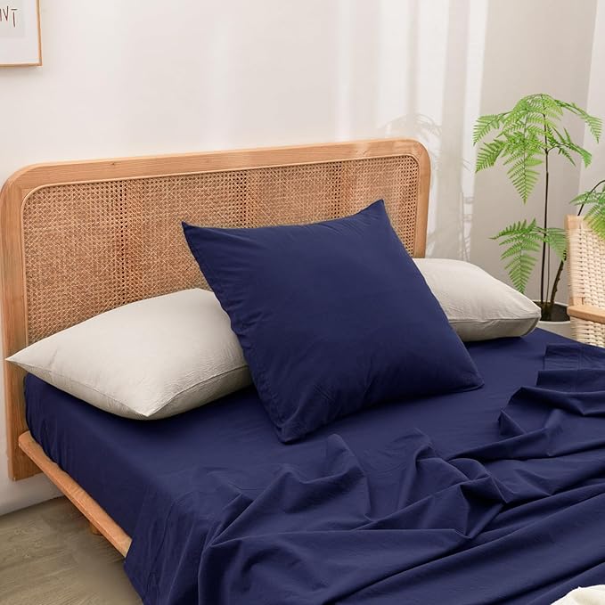 BESTOUCH 100% Washed Cotton Pillowcase for Hair and Skin Linen Feel Soft Comfortable Breathable 2 Set Pillow Case with Envelope Closure Solid Navy Blue Euro 26x26 Inches