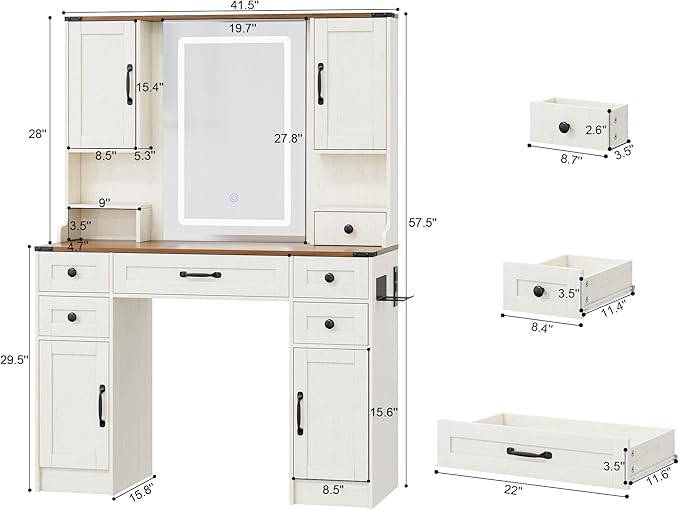 KAMABOKO Rustic Farmhouse Vanity Desk with Adjustable LED Mirror, Makeup Dressing Table with 5 Drawers 4 Cabinets & Built-in Power Outlet, Retro Storage Vanity for Bedroom & Dressing Room(045 Brown)