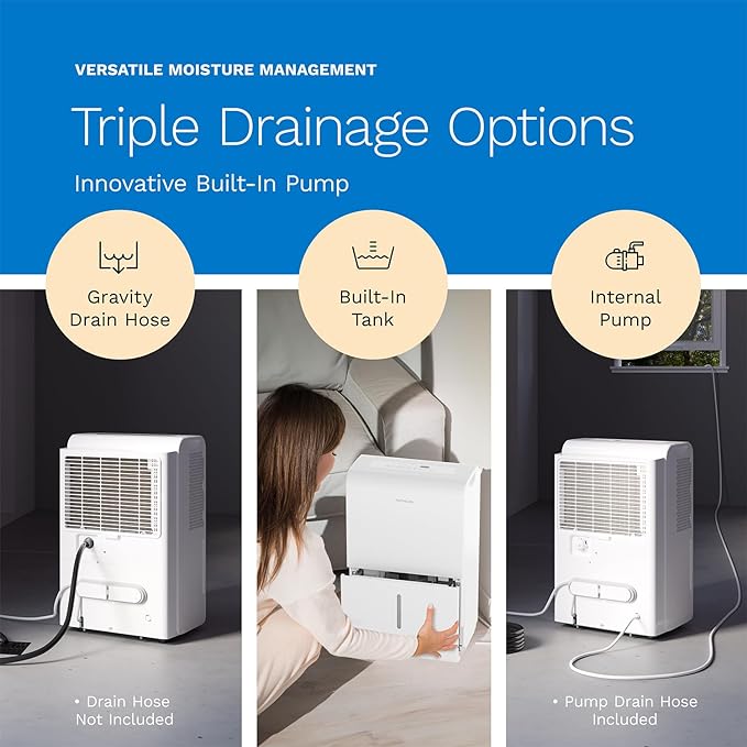 hOmeLabs Dehumidifier 7,500 Sq Ft Wi-Fi with Pump (50 Pint MAX 120 Pint at 95°F, 90% RH) for Home, Office, Basements with Powerful Moisture Removal, Humidity Control, Auto Shut-off, Quiet Operation