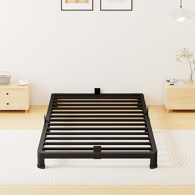 Superay 4 Inch Twin Bed Frame Low Profile, Heavy Duty Metal Platform Bed Frame with Round Corner Legs, Sturdy Mattress Foundation, No Box Spring Needed, Easy Assembly, Noise Free, Black