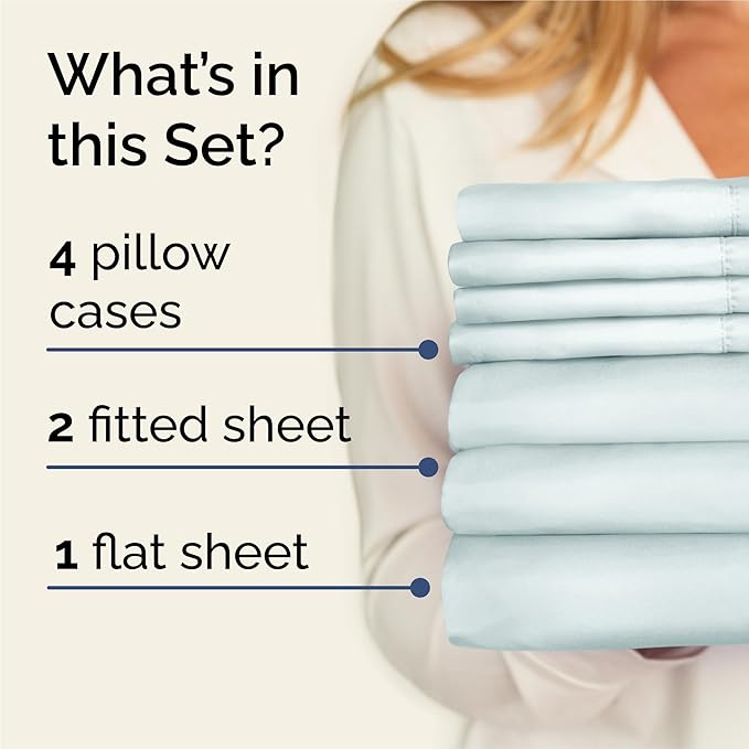 Split King 7 Piece Sheet Set - Comfy, Breathable & Cooling - Soft Hotel Luxury Bedding for Women, Men, Kids, Teens and Children - 1 Flat & 2 Fitted Sheets & 4 Pillowcases with Deep Pockets - Ice Blue
