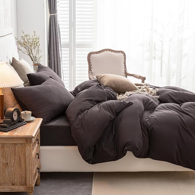 PURE ERA Jersey Knit Duvet Cover Set 100% T-Shirt Cotton Super Soft Comfy 3pc Bedding Set with Zipper Closure (Solid Dark Brown, King)