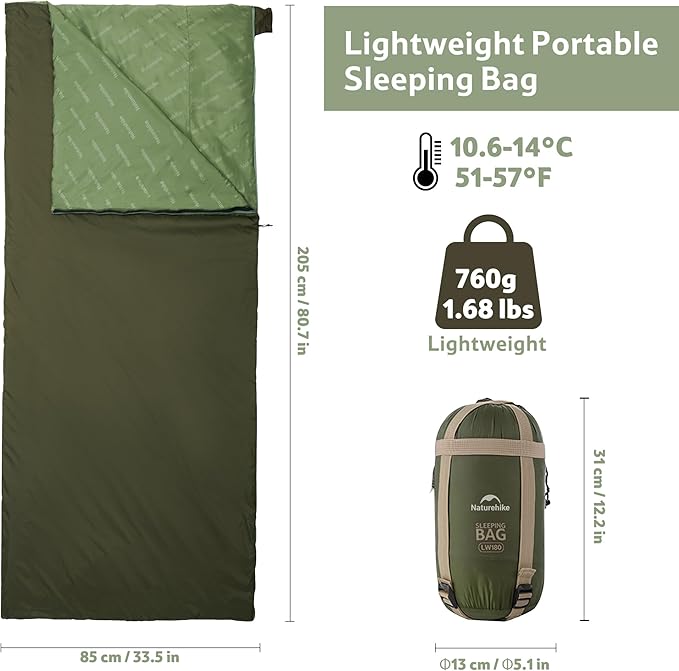 Naturehike Lightweight Compact Sleeping Bag, 59℉/32℉ Envelope Ultralight Backpacking Sleeping Bag Portable, Waterproof with Compression Sack for Cold&Warm, Camping, Traveling, Hiking