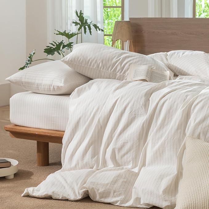 MooMee Striped Duvet Cover Set 100% Washed Cotton Linen Like Textured Breathable Durable Soft Comfy (White Almond Milk Grey Wide Stripes, Alaska King 132"x120")