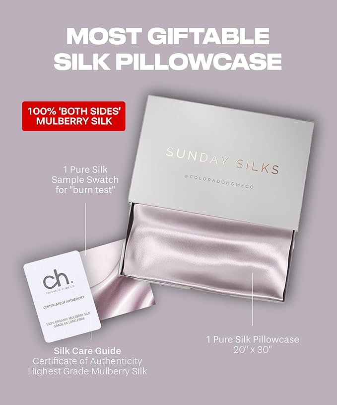 SUNDAYSILKS™ Premium Silk Pillow Cases | 100% Mulberry Silk Pillowcase with Zipper, All Sides Real 22 Momme Grade 6A Silk, Standard Queen, King Size