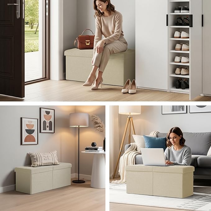 30-INCH Storage Ottoman Bench, Footrest with Storage, End of Bed Bench Coffee Table for Living Room, Bedroom, Entryway, Beige