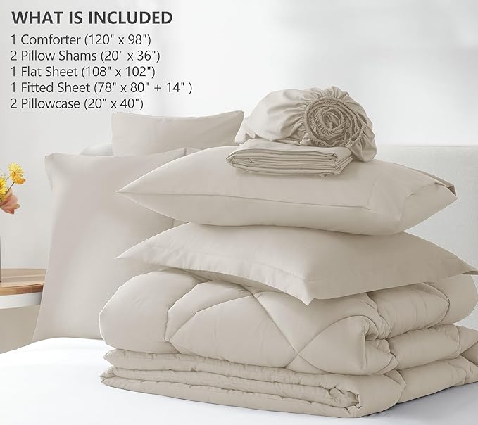 CozyLux Oversized King Comforter Set Beige - 7 Pieces Bed in a Bag Comforter Set with Sheets, Luxury Soft Bed Set All Seasons, Bedding Set with Down Alternative Comforter, Sheets, Pillowcases & Shams